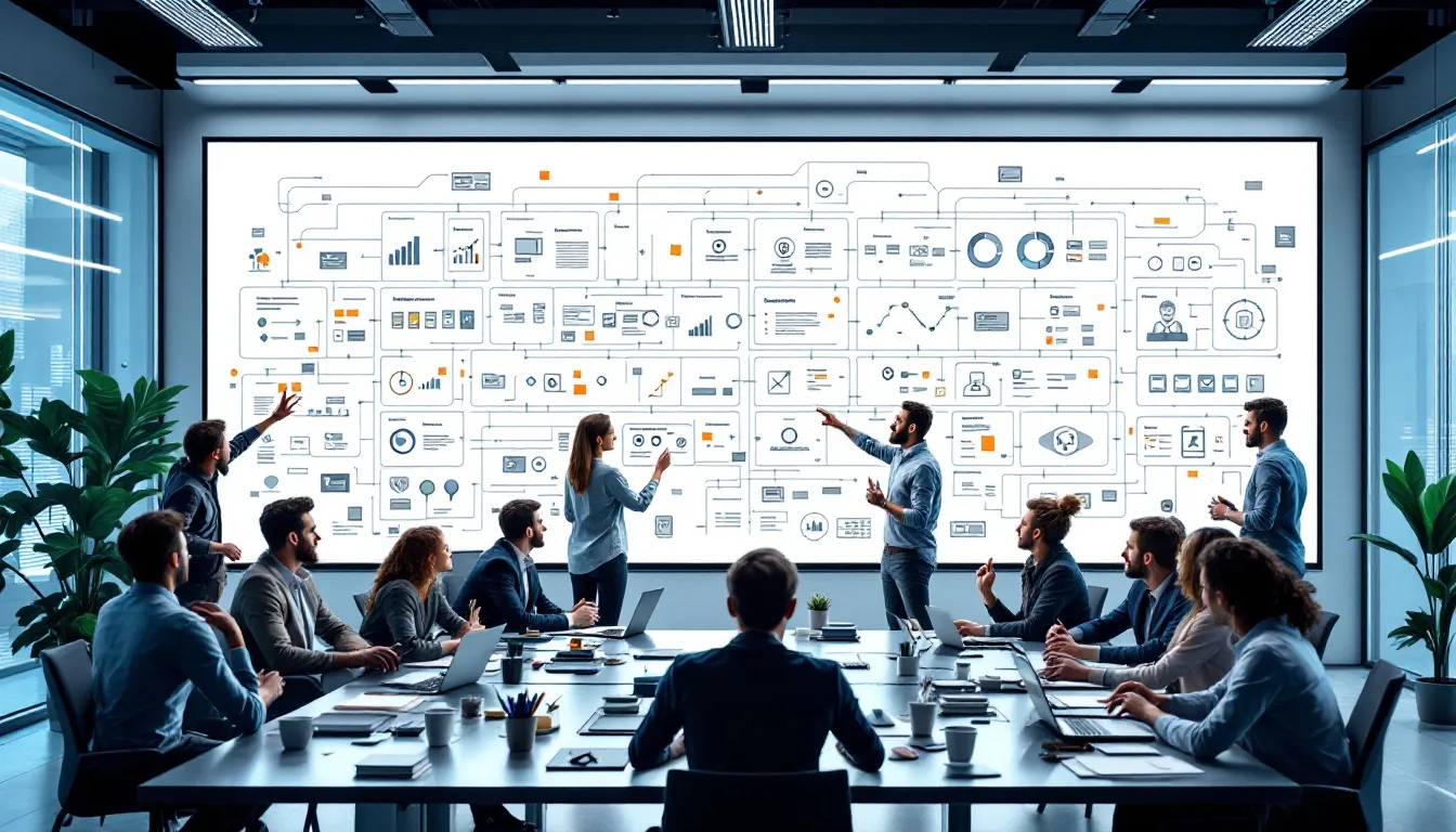 A brainstorming session illustrating the ideation process for a fintech startup.