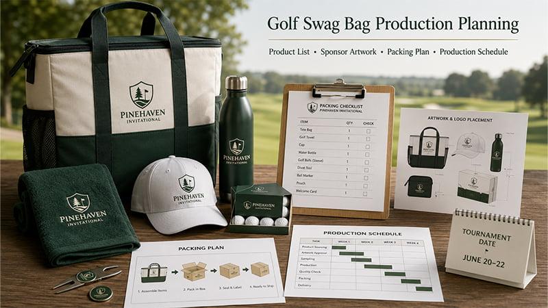 Golf swag bag production planning with product checklist, artwork placement, packing plan, production schedule, and tournament delivery date