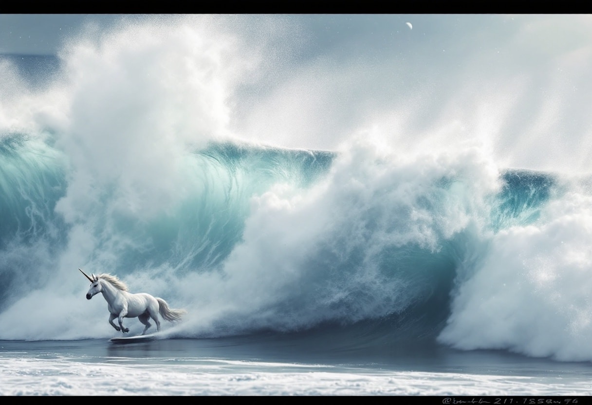 A unicorn surfing a massive wave.