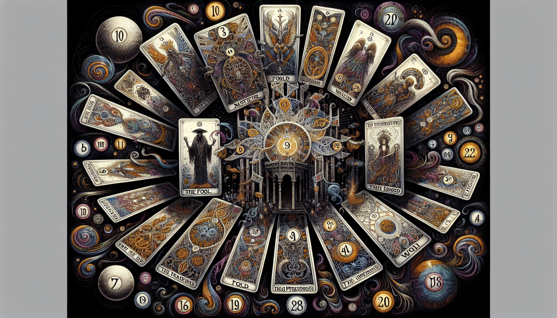 Artistic portrayal of tarot cards intertwined with numerology symbols