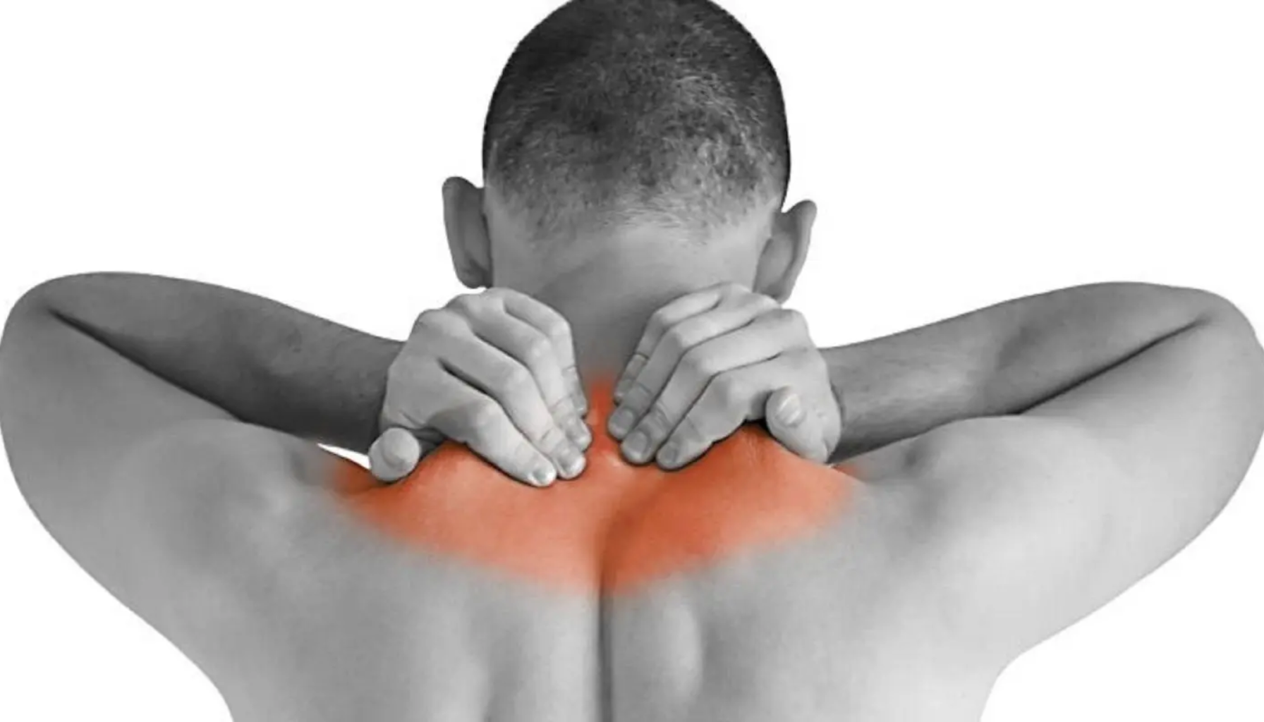 "Mann sett bakfra med hender på nakke og øvre rygg, med rødt område som indikerer smerte i nakke og skuldre."