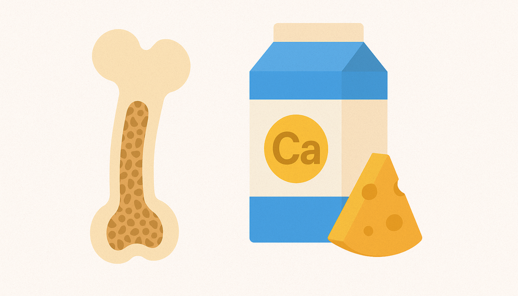 Kalsium – Derfor trenger kroppen din dette mineralet 13 Illustrasjon av et bein, melkekartong og ost som symboliserer viktige kilder til kalsium for skjelettet.