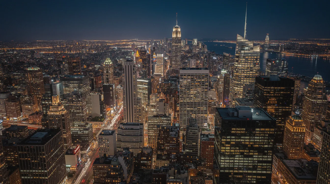 An aerial view of Manhattan at night showcases the vibrant cityscape, with illuminated office building windows reflecting the ambition of young professionals navigating their careers. This bustling metropolis, known for its dating scene, attracts successful professionals seeking meaningful relationships amid the demands of city life.