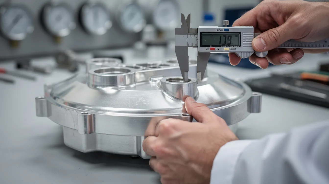 A quality inspector is using digital calipers to measure the dimensions of a polished aluminum die cast housing, ensuring precision and accuracy in the high pressure die casting manufacturing process. This inspection is crucial for maintaining quality assurance in the production of aluminum die cast parts.