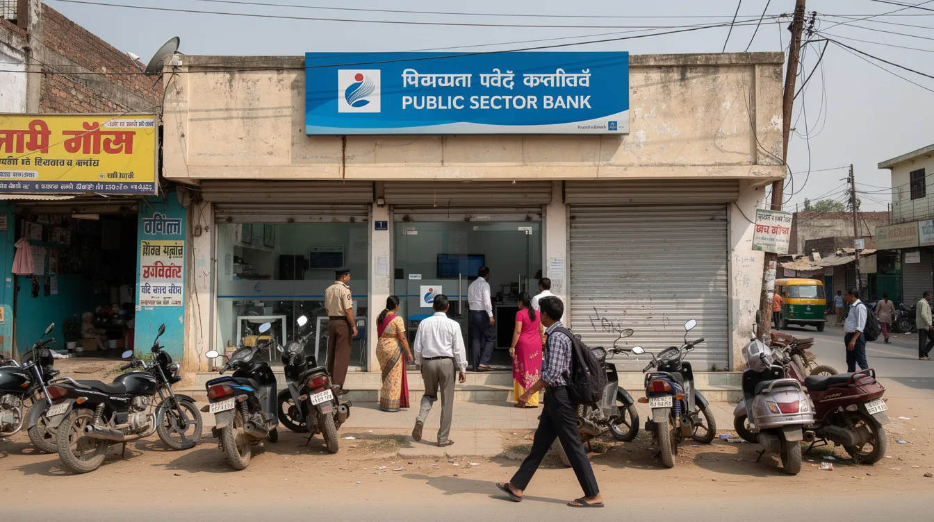 The image depicts the exterior of a public sector bank branch in an Indian town, with several customers walking in and out, suggesting a busy environment. This scene highlights the importance of financial institutions in supporting small businesses and micro enterprises through various loan schemes, such as the Mudra loan.