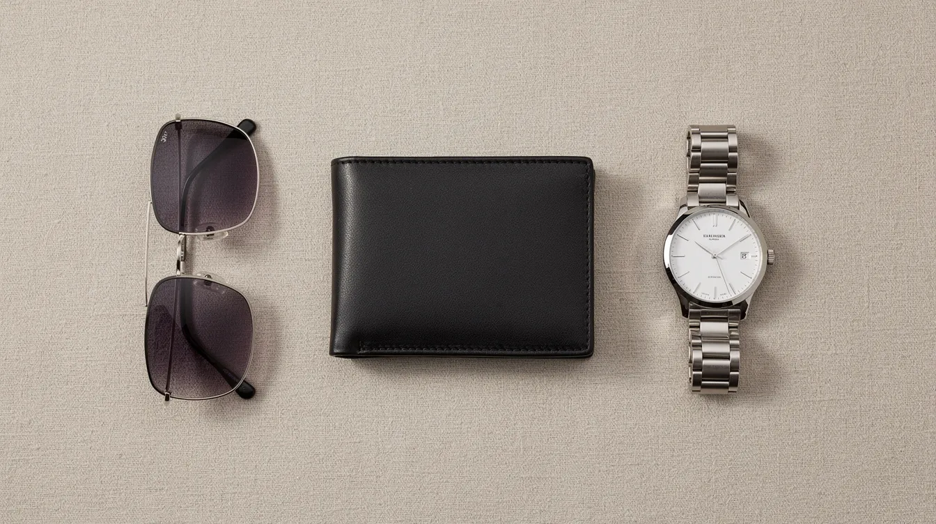 The image features a flat lay arrangement of premium fashion accessories, including stylish sunglasses, an elegant wallet, and a luxury watch, all set against a neutral linen background. This composition showcases the essence of luxury fashion, perfect for those interested in dropshipping luxury brands like Louis Vuitton.