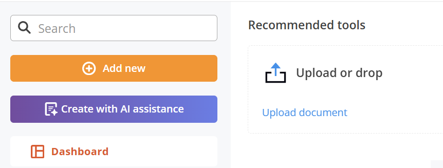 pdfFiller's AI-powered document workflow interface with options to upload files and create documents using automation tools.