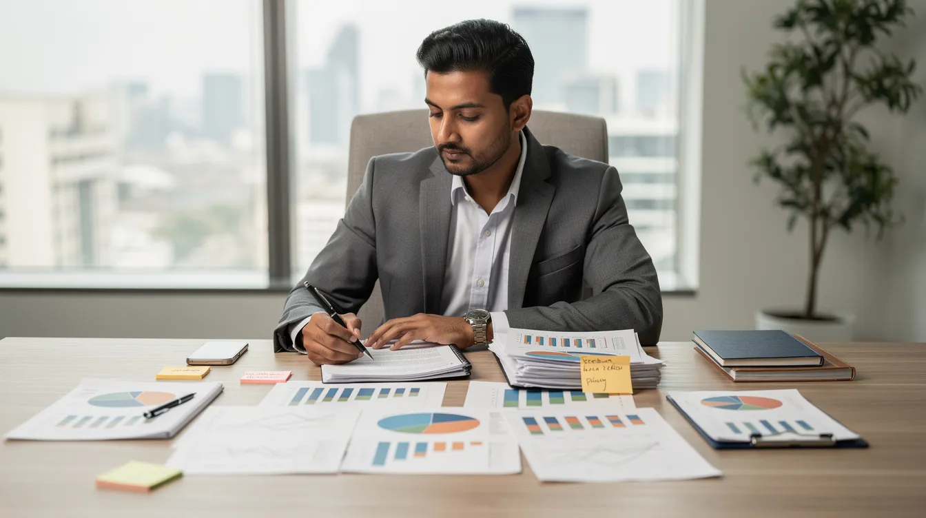 bfab1767 627f 46dc a44e 1141866cc105 An Indian entrepreneur sits at a desk, diligently reviewing documents and charts that outline various business ideas and market research. The scene reflects the focus and determination of small business owners exploring profitable ventures in India.