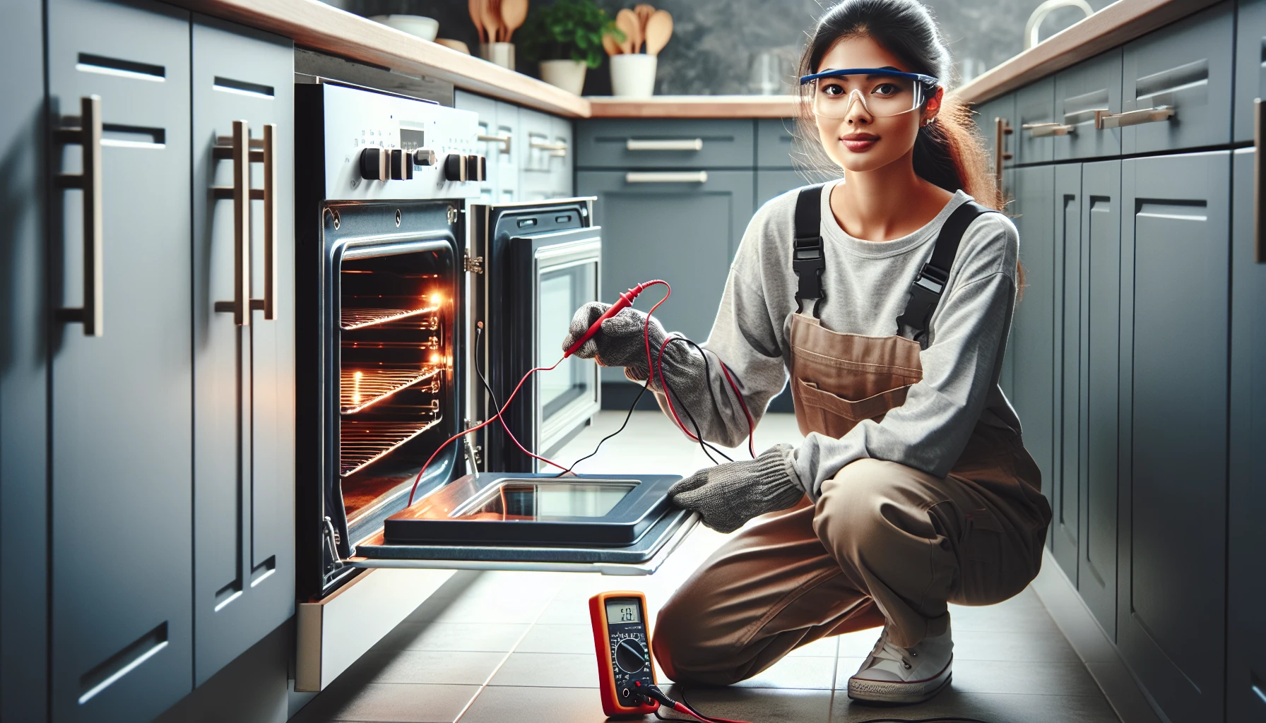 A technician inspecting a Samsung oven's heating element