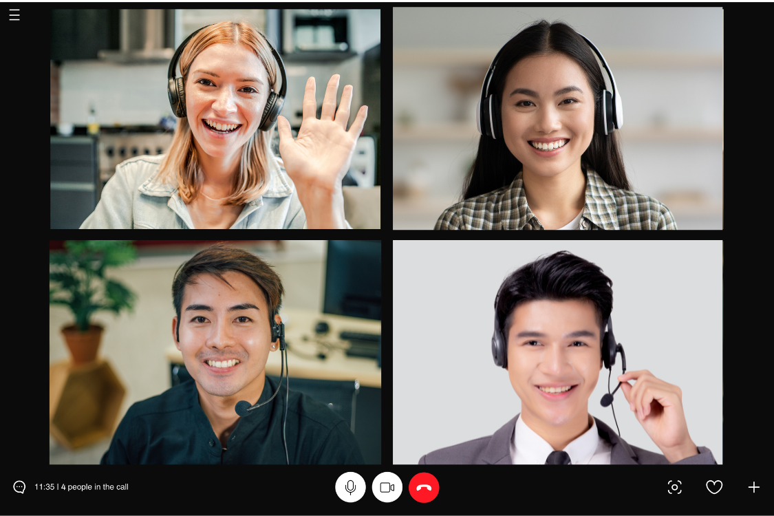 Diverse customer support team on video call with headsets