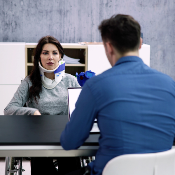 Image showing a person talking with a lawyer after being hit by a truck driver.