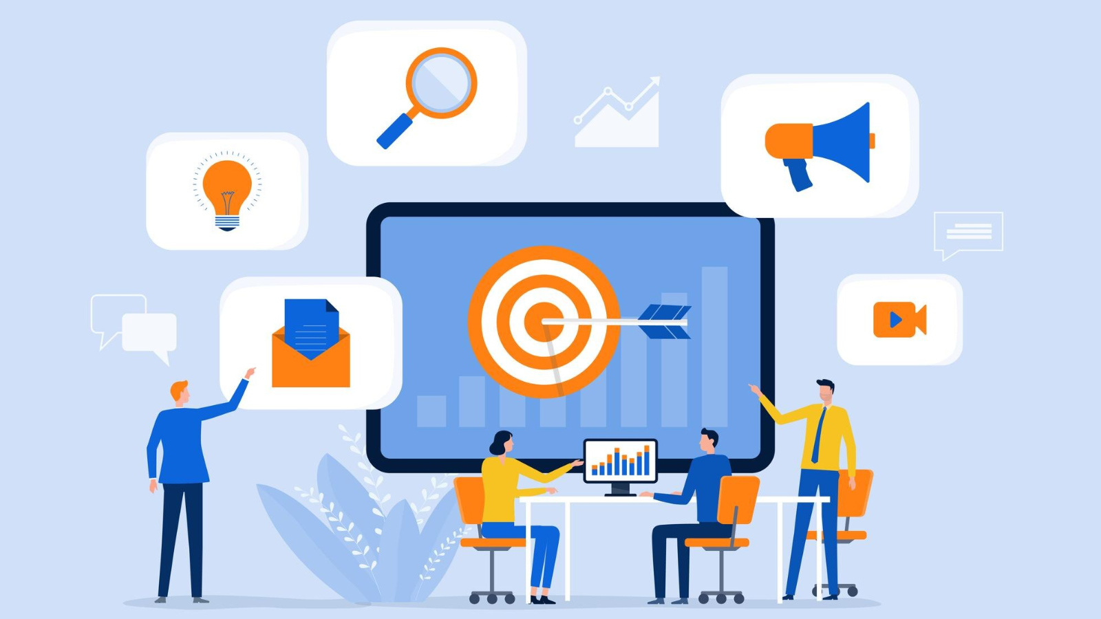 Marketers planning demand generation, digital marketing, and SEO for telecom in front of a large screen with a target icon.