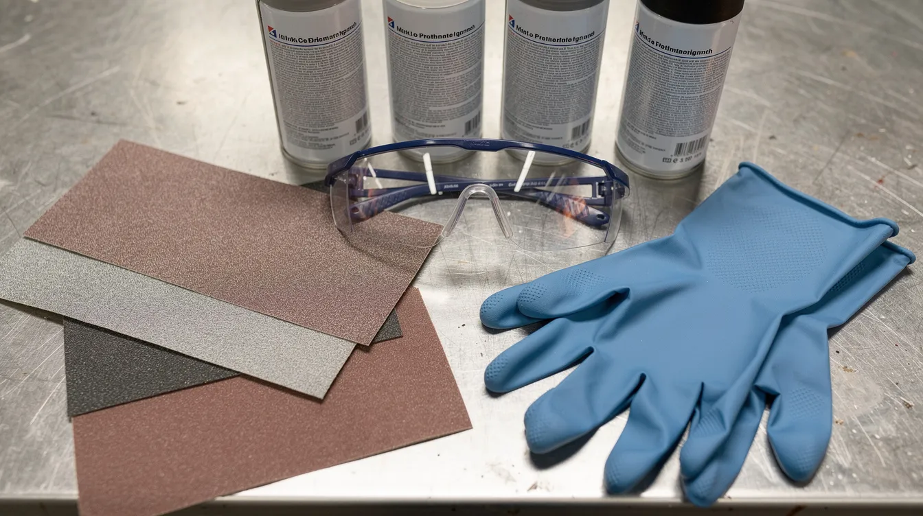 A close-up view of sandpaper sheets, spray cans, safety glasses, and nitrile gloves is displayed on a metal workbench, showcasing essential tools for preparing and painting raw aluminum surfaces. The arrangement emphasizes the importance of protection and proper techniques, such as using primer and light coats for optimal adhesion and finish.