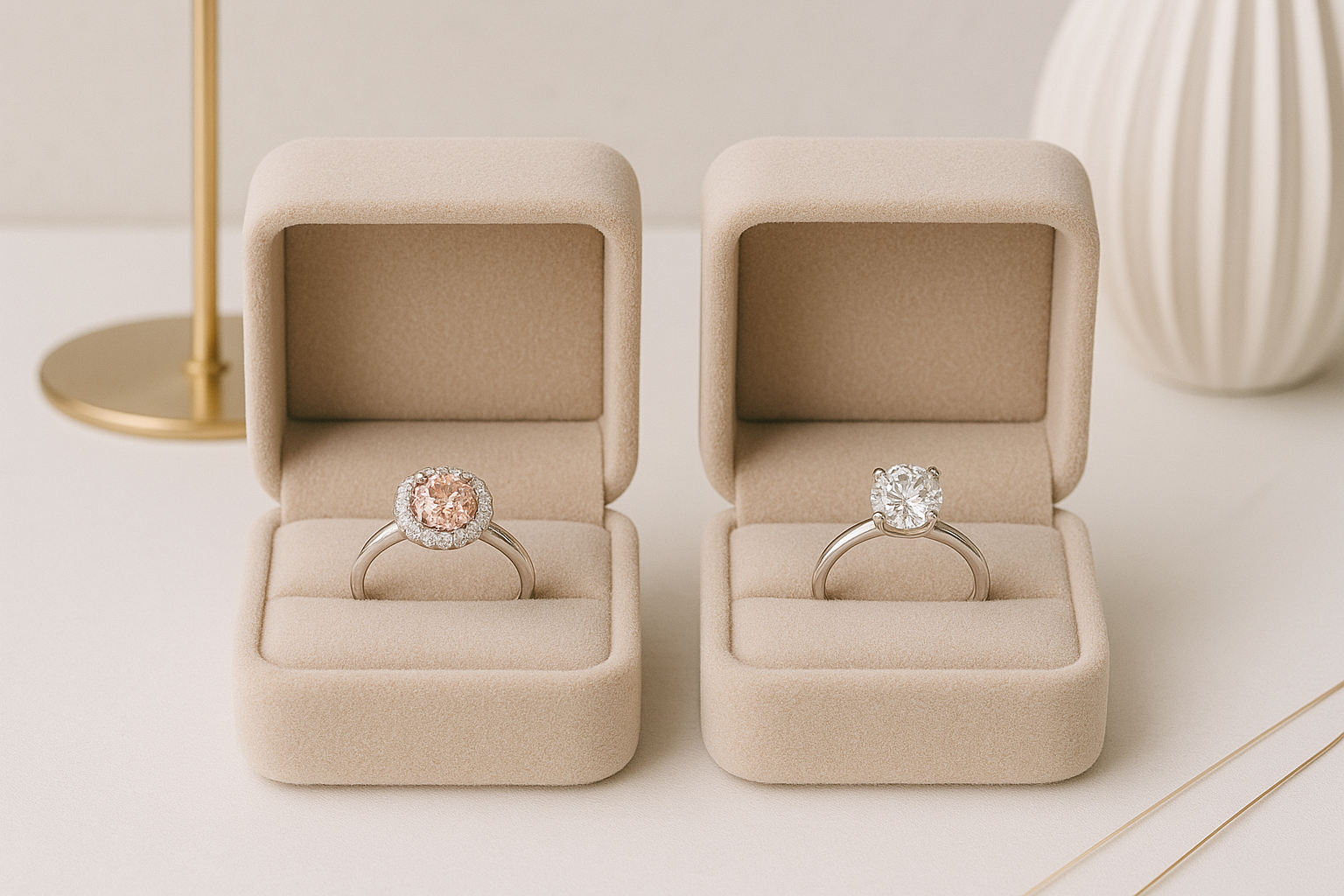 Klasikinis sužadėtuvių žiedas su deimantu baltos spalvos ir Halo sužadėtuvių žiedas su rožiniu deimantu