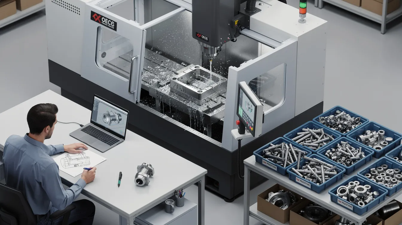 The image depicts a CNC prototype machining setup, showcasing the CNC machining process in action with various machines and tools used for creating high precision prototypes. The scene illustrates the development cycles involved in transforming a CAD model into functional prototypes, highlighting the intricate details of machined parts and the rapid prototyping techniques employed across various industries.