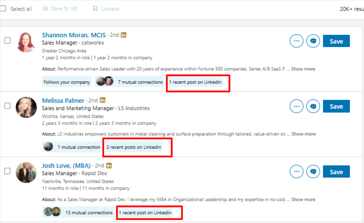 Sales Navigator search results showing profiles that have posted on LinkedIn recently
