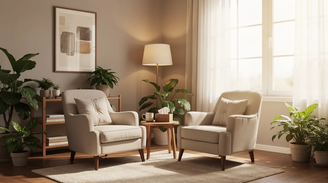 The image depicts a warm therapy room filled with comfortable chairs and lush plants, bathed in natural light, creating a serene environment that encourages emotional expression and exploration. This inviting space symbolizes a safe haven for individuals to process complex emotions and foster meaningful connections.