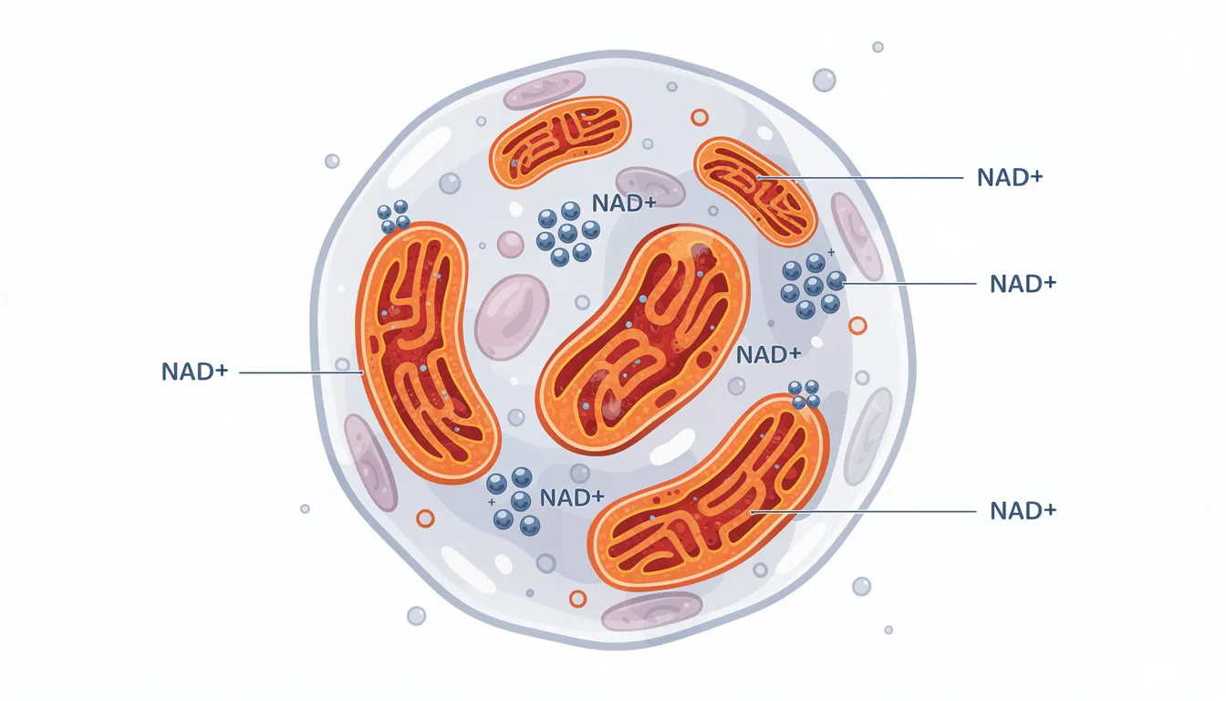 An illustration of a cell showcasing highlighted mitochondria, with NAD+ molecules represented inside, symbolizing the role of nicotinamide adenine dinucleotide in energy production and cellular health. This visual emphasizes the importance of NMN supplementation for boosting energy levels and supporting healthy aging.