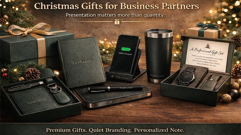 Christmas gifts for business partners featuring premium branded desk set, realistic holiday scene