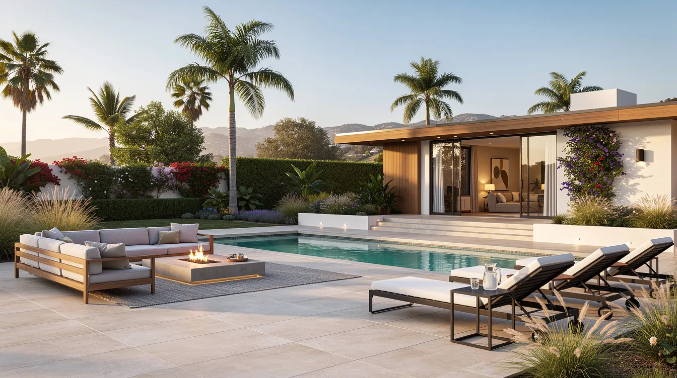The image depicts an expansive outdoor patio in a warm California setting, featuring modern furniture and a sparkling pool surrounded by lush landscaping, showcasing the potential of luxury home staging for potential buyers. This inviting space emphasizes a high-end lifestyle, perfect for entertaining or relaxing in a luxury estate.