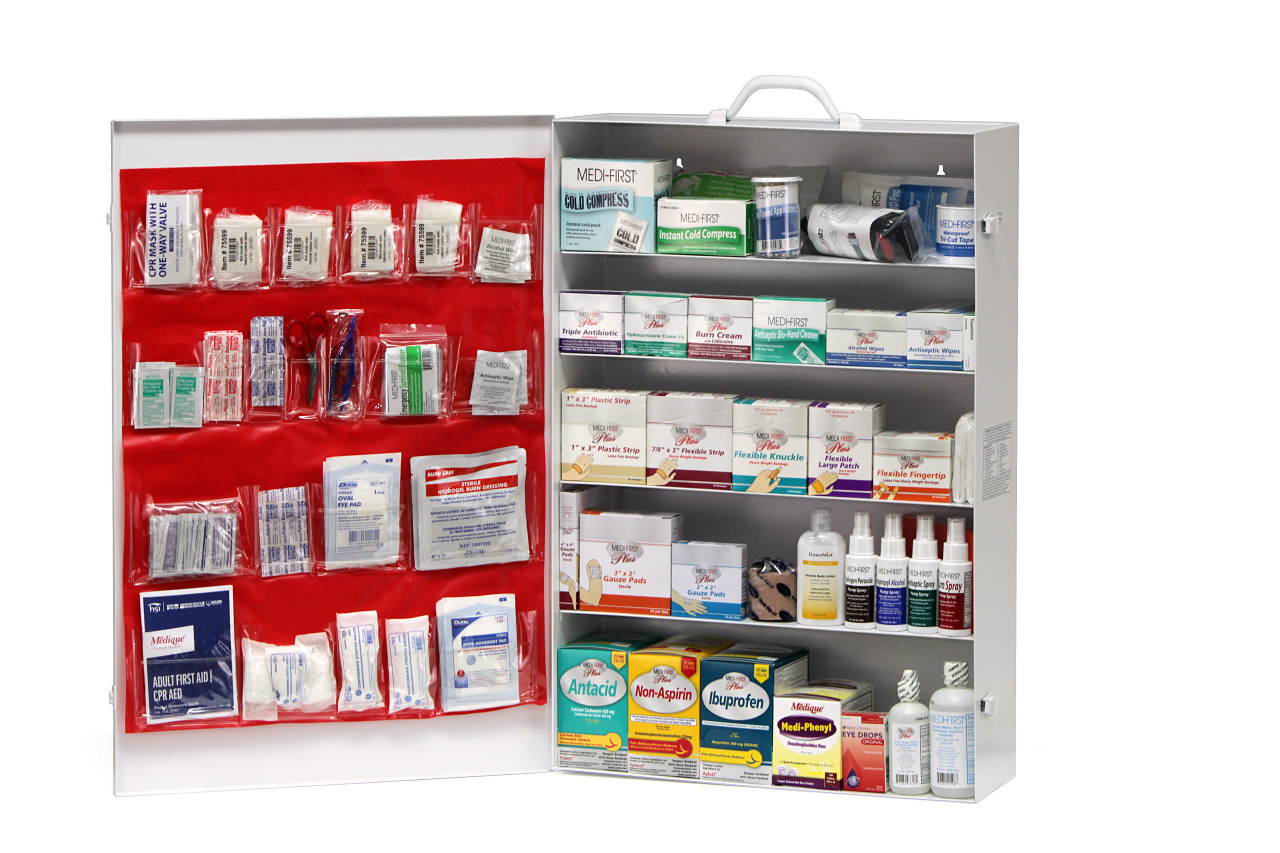 Well-stocked first aid kit for lab personnel