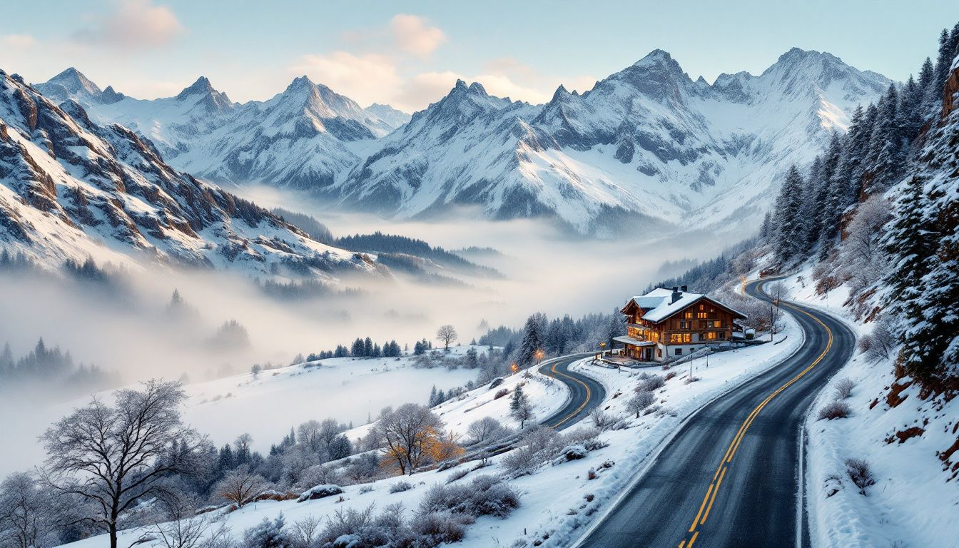 A scenic view of the road leading to Pas de la Casa, surrounded by snowy landscapes.