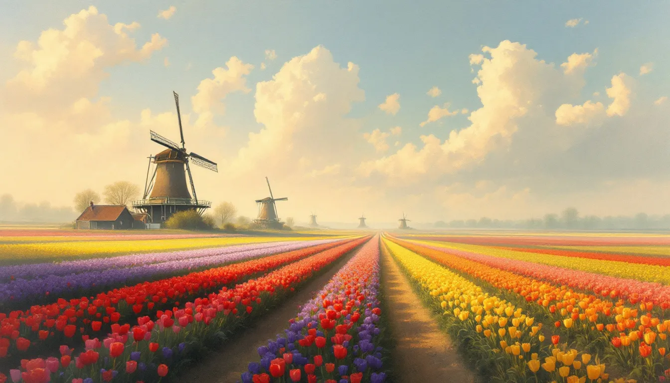 A vibrant tulip field in the Netherlands representing the seasonal weather patterns.