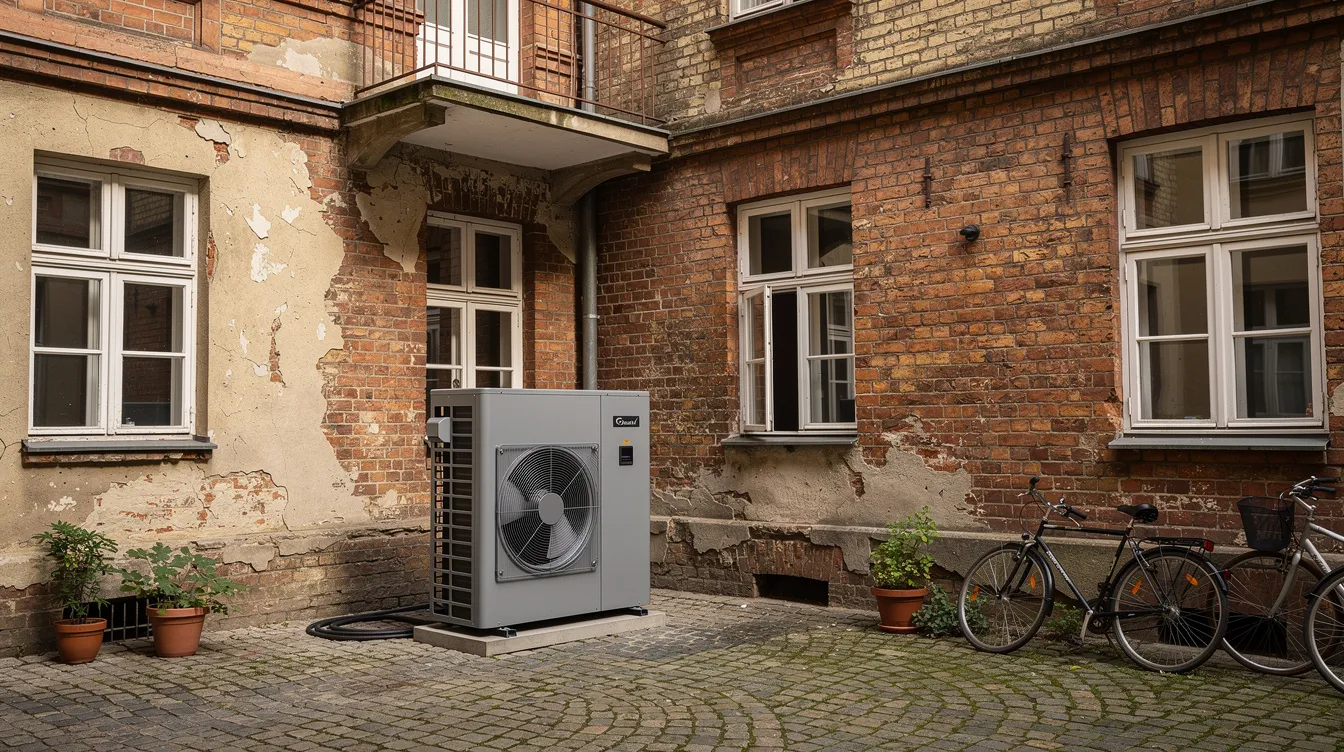 Im Innenhof eines Berliner Altbaus steht eine moderne Wärmepumpe, die harmonisch neben dem historischen Mauerwerk installiert ist. Diese Maßnahme zur energetischen Sanierung wird durch verschiedene Förderprogramme, wie die Bundesförderung für effiziente Gebäude, unterstützt, um die Energieeffizienz der Wohngebäude zu steigern.