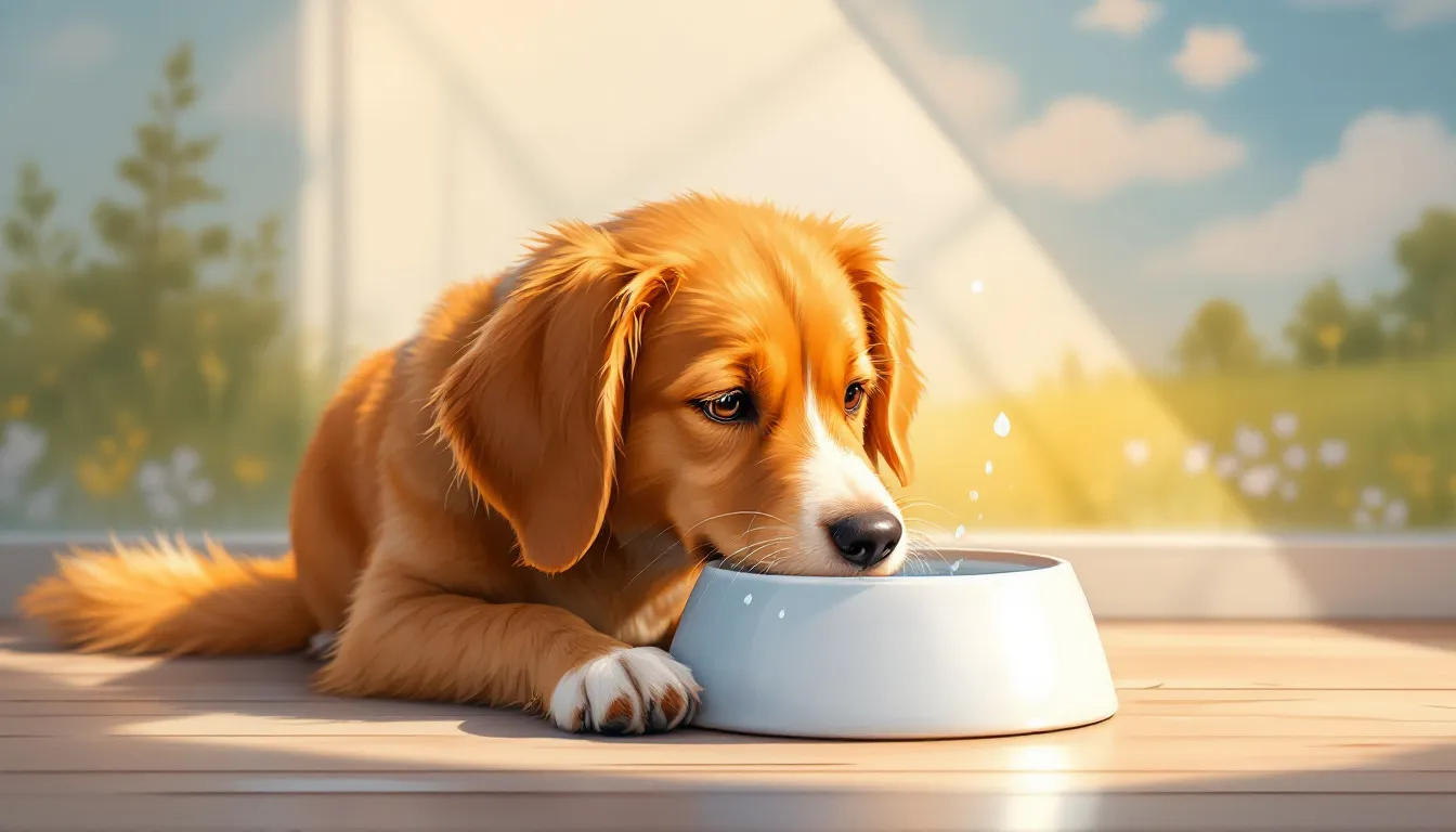 A happy dog drinking water from a bowl, showing signs of hydration.