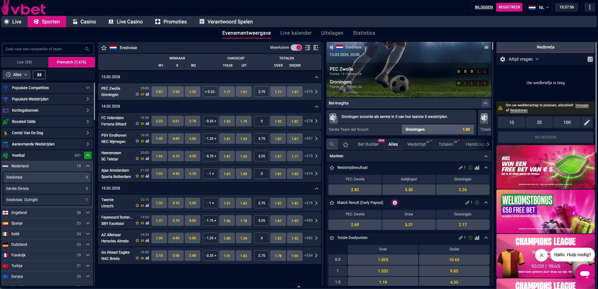 Overzicht van de vbet sportsbook-pagina met Eredivisie voetbalwedstrijden, inclusief odds voor PEC Zwolle – Groningen, verschillende weddenschapsmarkten zoals winnaar, handicap en doelpunten, en een lijst met competities en wedstrijden in het linker menu.