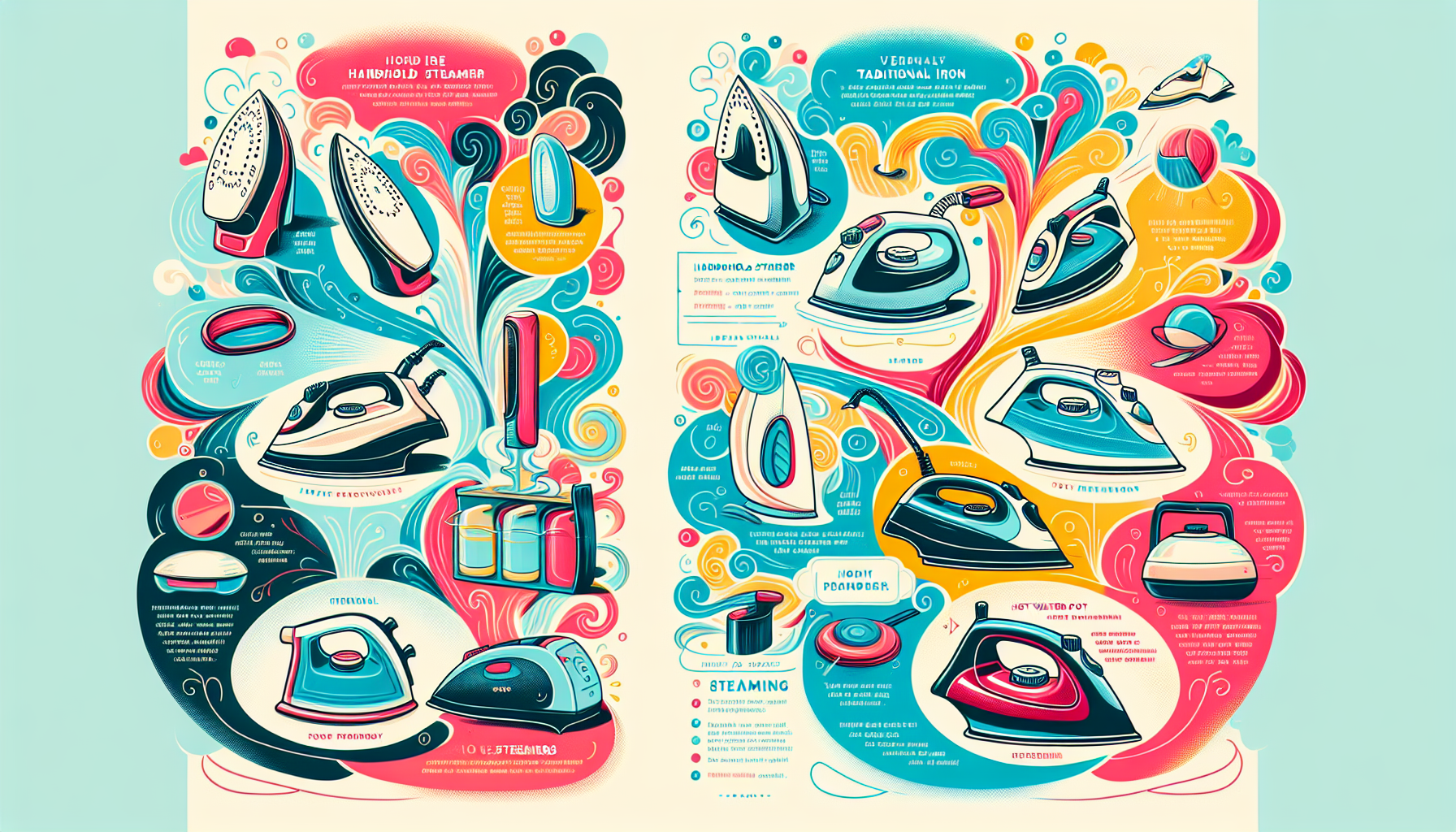 An illustration comparing handheld steamers with alternative ironing methods.