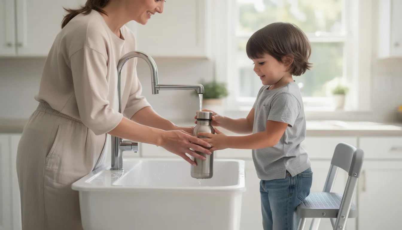 A parent and child are filling a reusable water bottle at a kitchen sink, demonstrating a practical approach to ensuring access to high-quality drinking water. This scene highlights the importance of water filtration systems in maintaining good water quality for families.