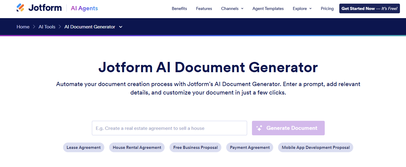 Jotform AI Document Generator interface with prompt input field and options to create agreements and proposals automatically.