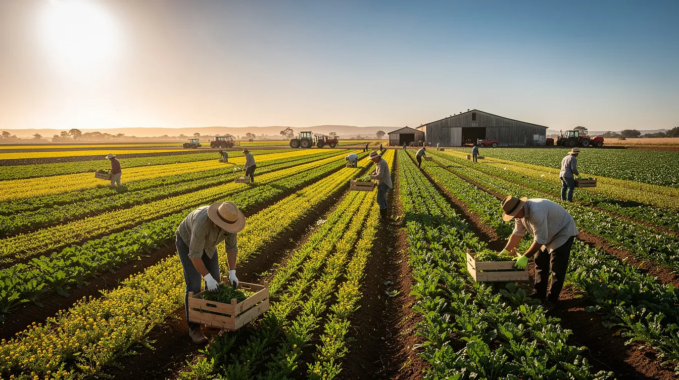 A vibrant farm scene shows workers diligently harvesting crops under the bright sunlight, embodying teamwork and dedication. This image reflects the hard work and opportunities available in agriculture, which can be a stepping stone for those seeking jobs and work visas in Italy and other EU countries.