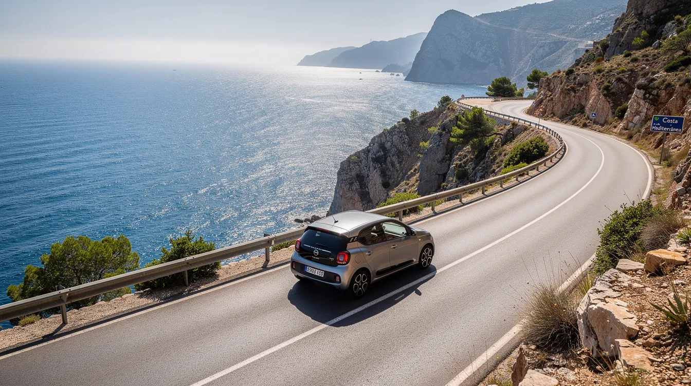 Voiture compacte sur une route côtière au bord de la Méditerranée.