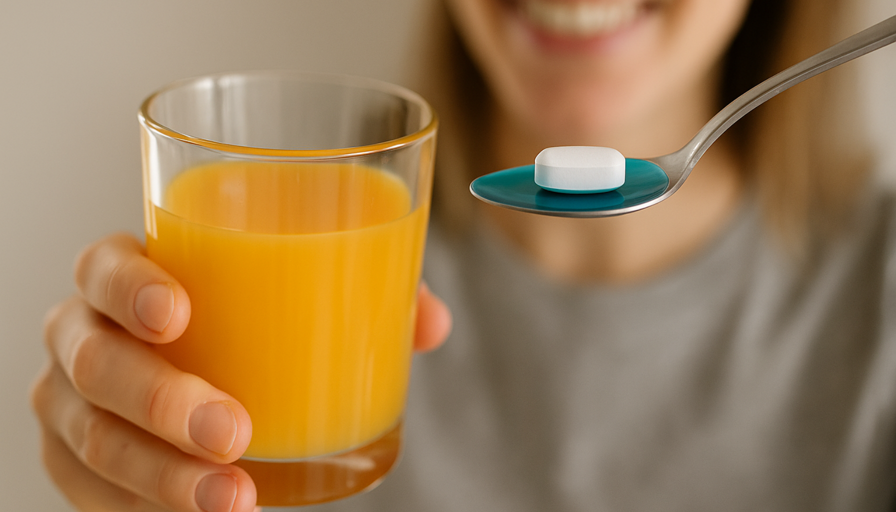 Ingefærshot: En energiboost for immunforsvaret 13 En person holder et glass appelsinjuice og en skje med vitaminpille for energi og immunforsvar.