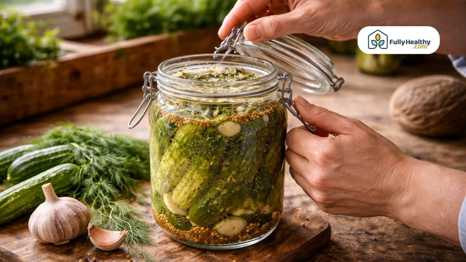 Hands opening jar of naturally fermented cucumbers in saltwater brine