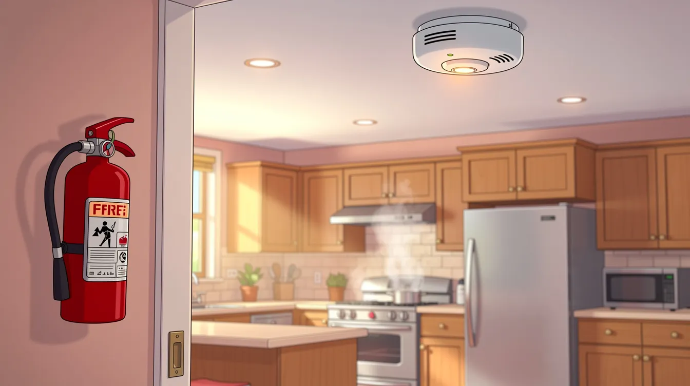 A smoke alarm and fire extinguisher in a kitchen, highlighting their importance for fire safety.