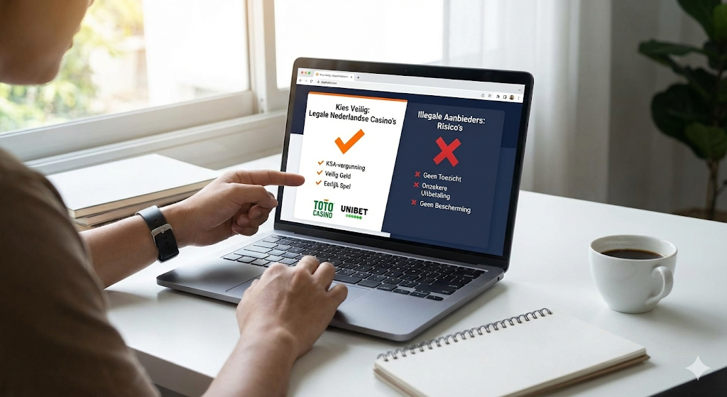 Alt-tekst: Vergelijking tussen legale Nederlandse online casino’s met Nederlandse vergunning van de Nederlandse Kansspelautoriteit en illegale aanbieders zonder toezicht, met uitleg over eerlijk spel, CRUKS-aansluiting en veilige uitbetaling bij legale goksites in Nederland versus risico’s van illegale casino’s en illegaal online casino zonder bescherming op de Nederlandse markt