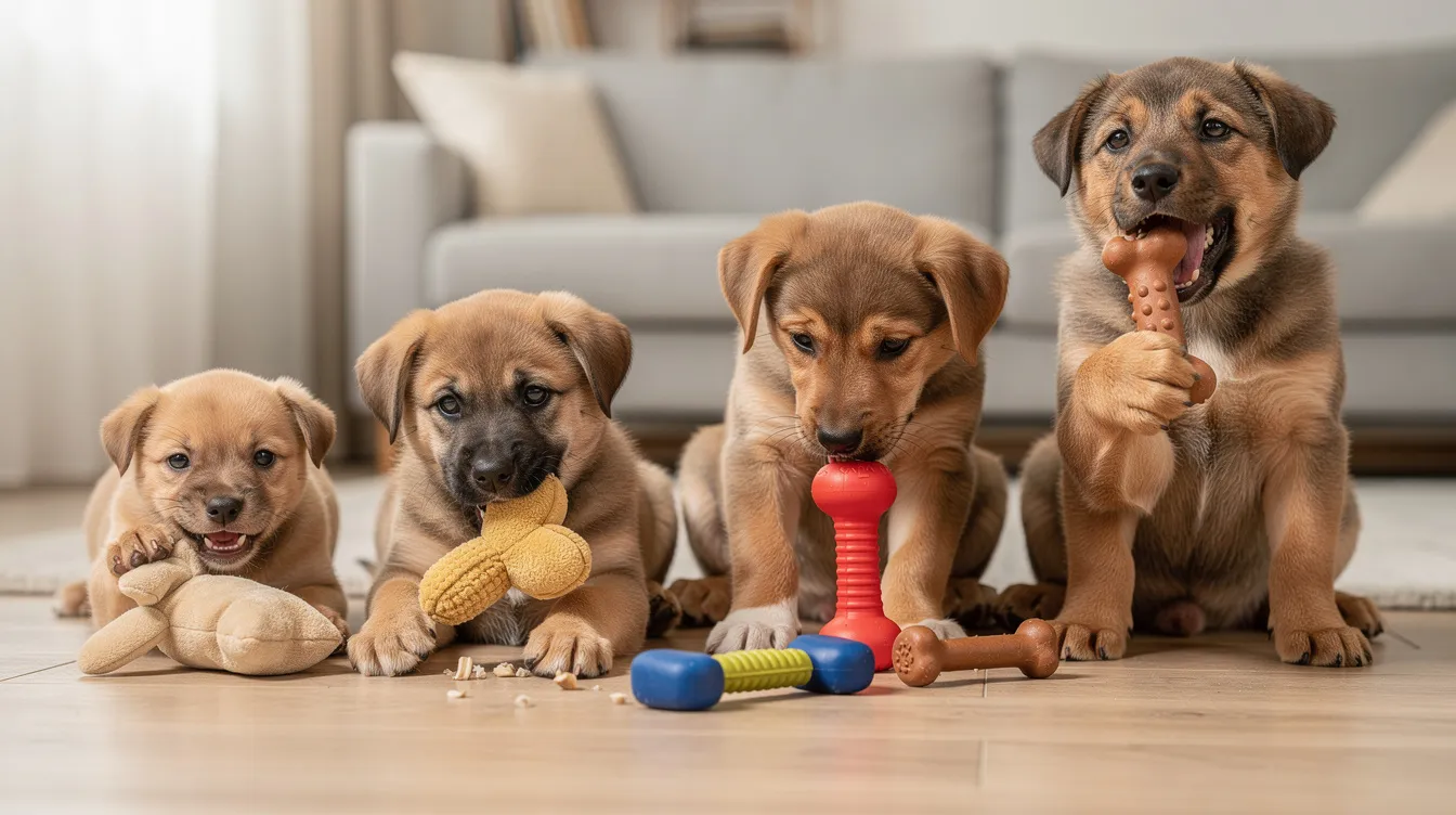 The image depicts a teething puppy with swollen gums, showcasing its tiny baby teeth, also known as deciduous teeth, which are in the process of falling out to make way for adult teeth. The puppy is surrounded by various chew toys designed to soothe its sore gums during this natural teething process.