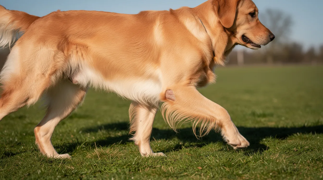 A golden retriever is captured in a close-up as it walks across a sunny grassy field, showcasing its natural joint movement and vitality. The image highlights the importance of maintaining joint health in dogs, emphasizing the role of joint supplements like hyaluronic acid for supporting joint mobility and easing discomfort.