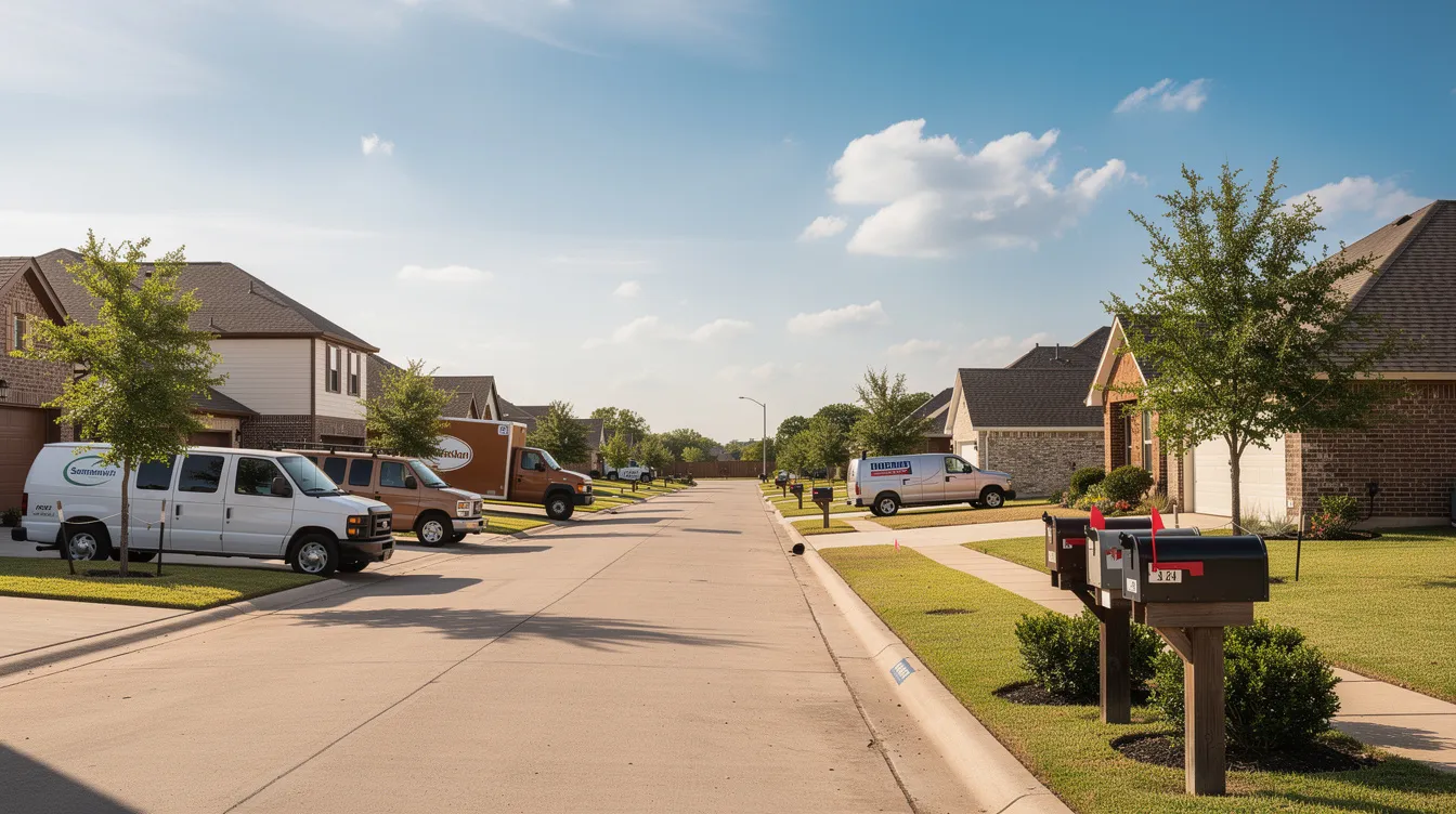 The image depicts a quiet residential street in a suburban Texas neighborhood, showcasing several delivery vehicles parked near mailboxes, including Amazon delivery vans. This scene highlights the presence of delivery service partners in everyday life, emphasizing the importance of safe driving practices to prevent accidents involving delivery vehicles.