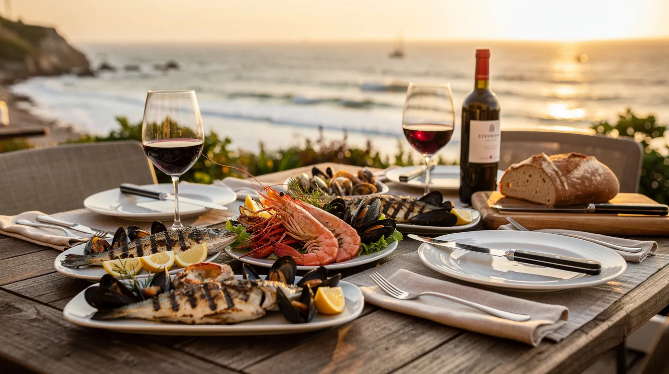 Uma mesa ao ar livre decorada com pratos de frutos do mar grelhados, acompanhados de pão artesanal e uma taça de vinho tinto, com uma bela vista do mar Adriático ao fundo, típica da Croácia. O ambiente é aconchegante e reflete a rica cultura gastronômica da Europa Oriental.