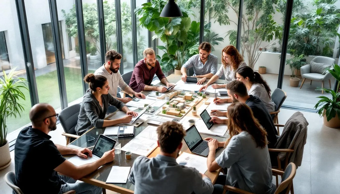 A diverse team of architects is collaborating in a modern Australian office, discussing sustainable design projects while showcasing their expertise in commercial architecture. The atmosphere reflects a commitment to Australian standards and the importance of aligning their skills and qualifications for future architecture jobs.