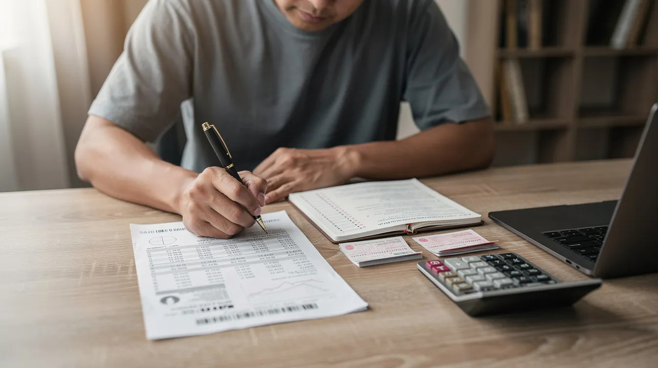 A person is seated at a desk, carefully reviewing financial documents and a passbook, indicating their engagement with various financial institutions. This scene reflects the process of managing loans, such as those offered under the Pradhan Mantri Mudra Yojana, which supports micro enterprises and individuals seeking financial assistance for their business plans.