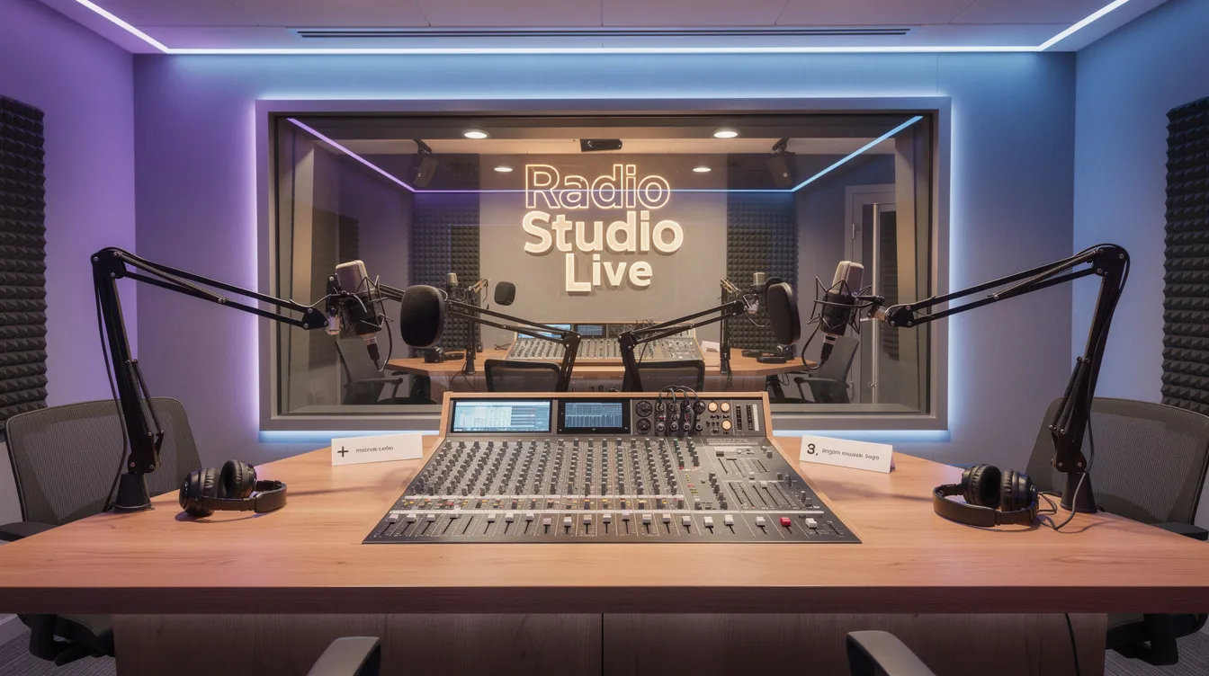 De afbeelding toont een moderne radiostudio, ingericht met microfoons en koptelefoons, omgeven door sfeervolle verlichting die een creatieve atmosfeer creëert. Deze setting is perfect voor een radio DJ zoals Bram Krikke, die zijn veelzijdige persoonlijkheid en media activiteiten in de Nederlandse mediawereld tot leven brengt.