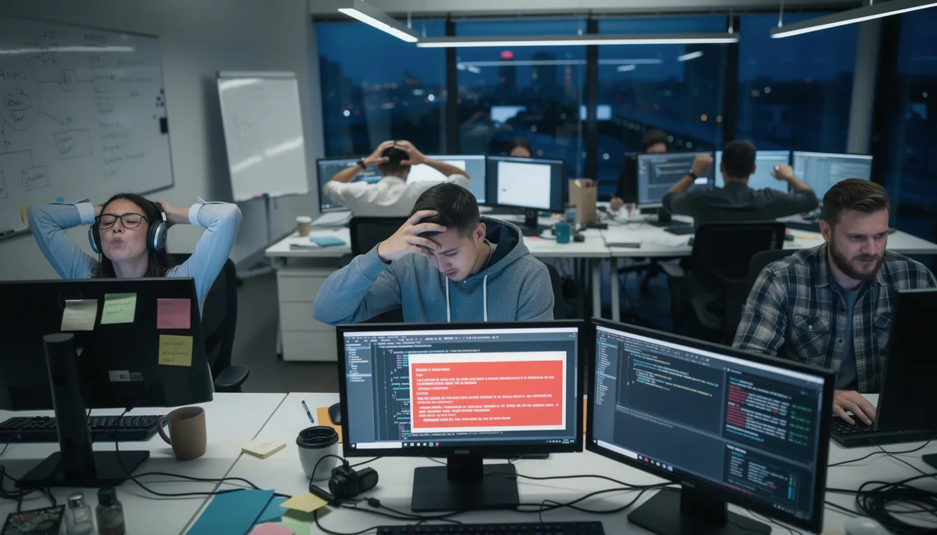 The image depicts a team of frustrated developers sitting at their computers, surrounded by multiple documents and tools, as they face challenges in processing unstructured data and managing their project requirements. Their expressions reflect the stress of trying to communicate and collaborate effectively while striving for higher accuracy and shared goals in their work.