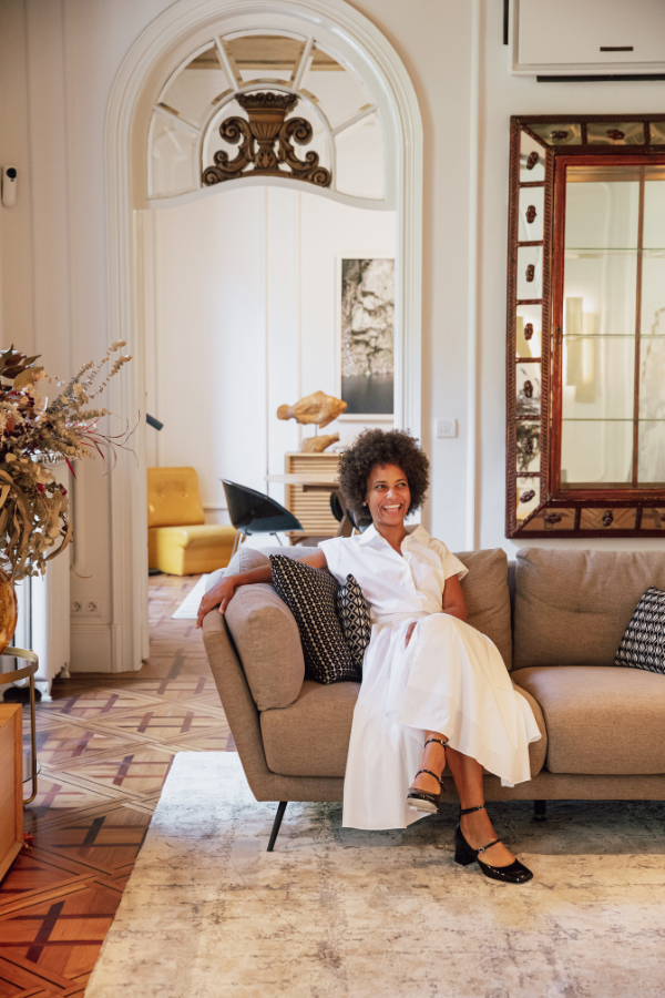 woman sitting on a sofa