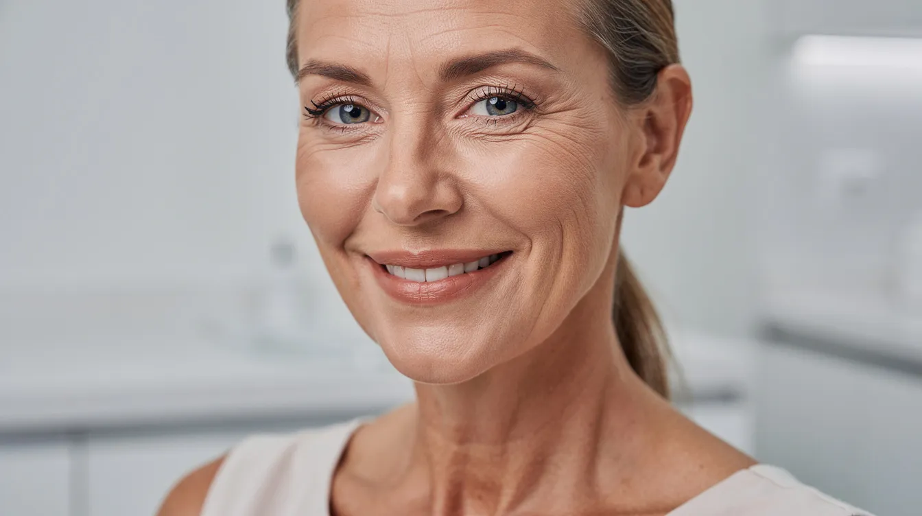 The image features a patient smiling, showcasing natural-looking results from a non-invasive skin tightening treatment. Soft clinical lighting highlights the improved skin firmness and elasticity, suggesting effective collagen production and rejuvenation in the treatment area.