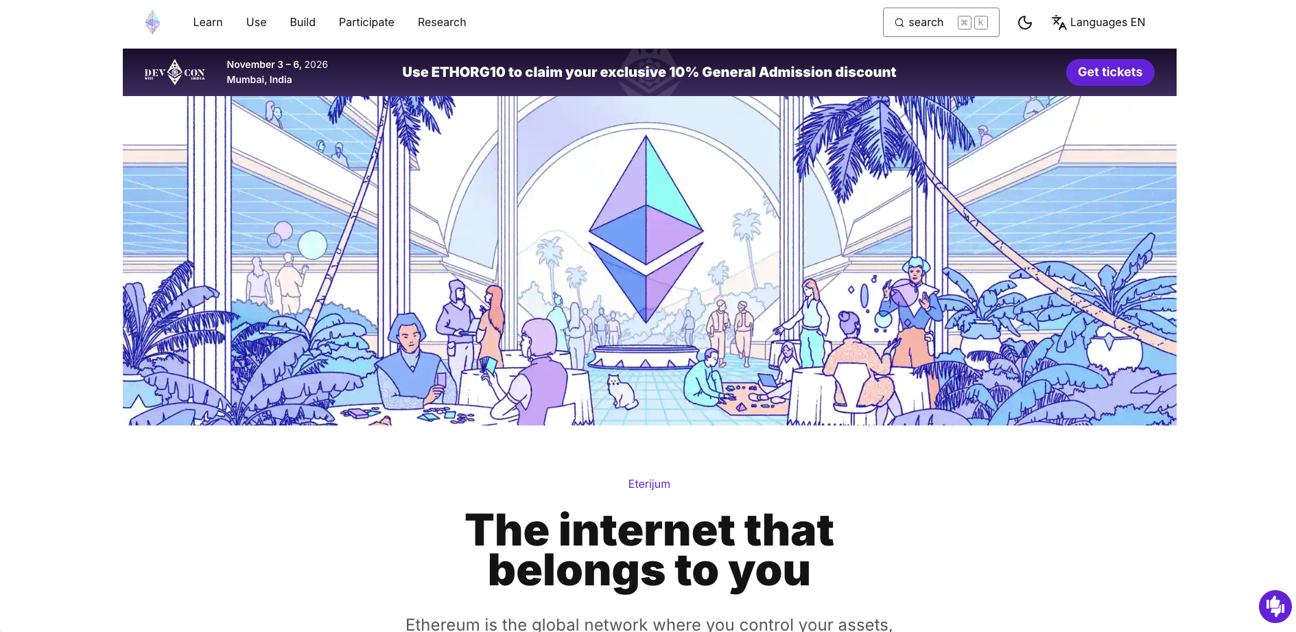Official Ethereum website introducing blockchain technology, digital assets and the Ethereum cryptocurrency network.